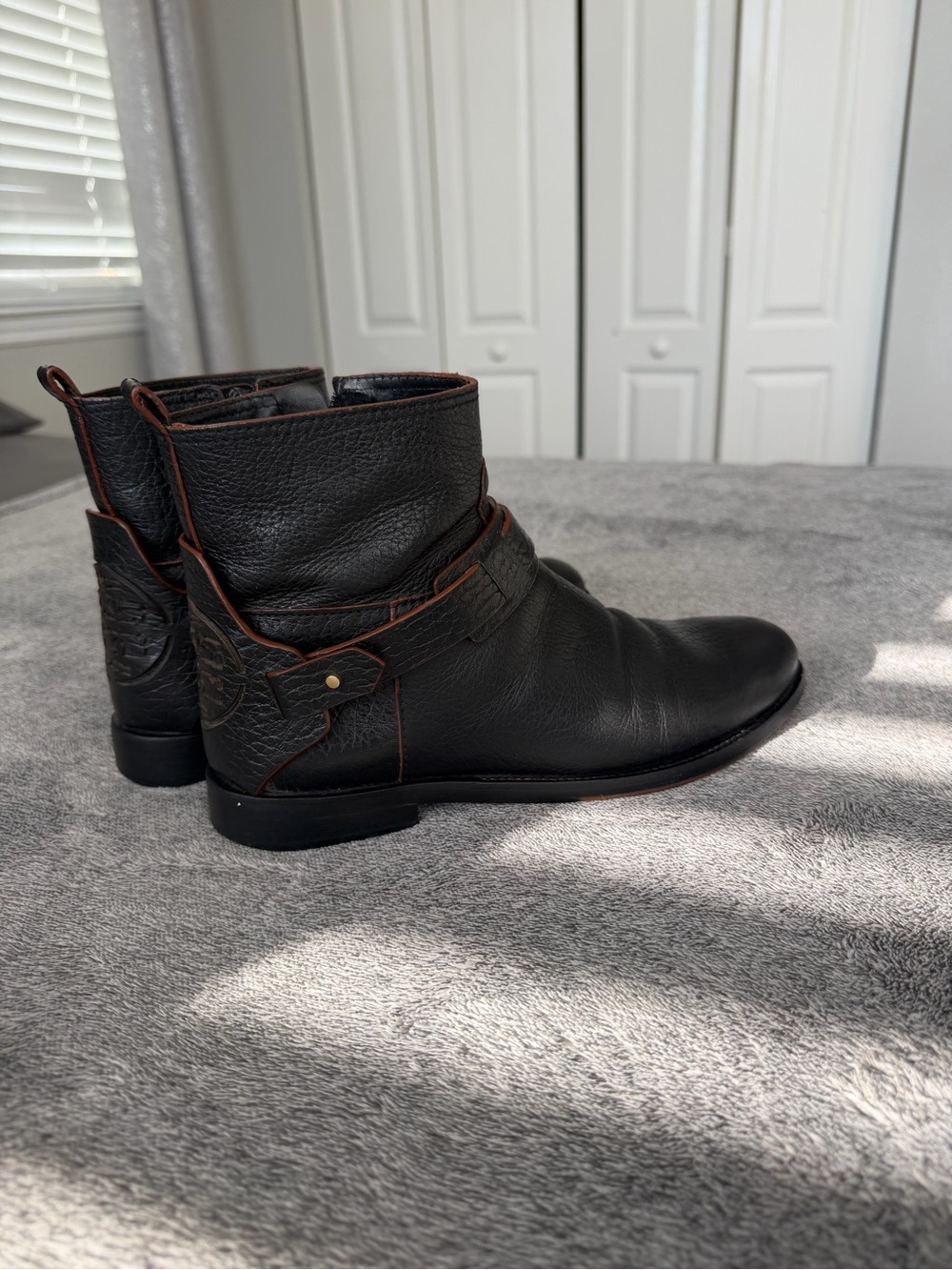 Tory Burch Black Leather Ankle Boots with Brown Trim